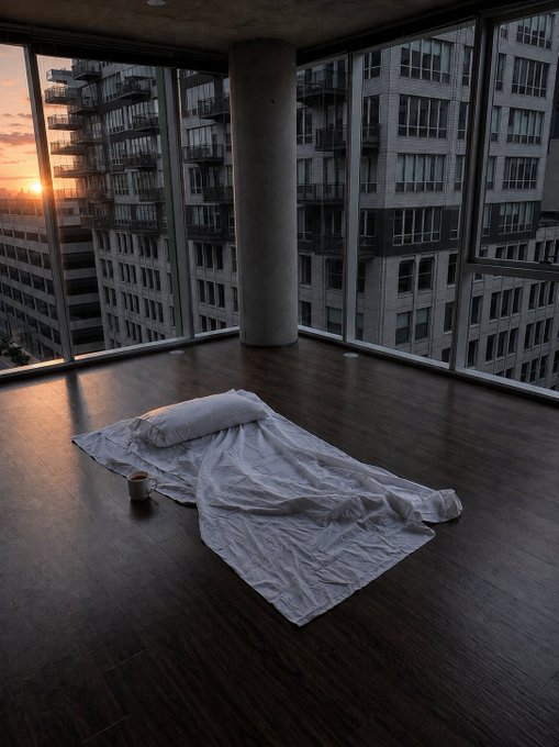 A makeshift bedroll laid out on the floor of an empty high-rise apartment, with a solitary coffee cup beside it and a glowing sunrise visible through floor-to-ceiling windows overlooking neighboring towers—capturing the bleak, unfiltered reality of "the trenches" the post alludes to.