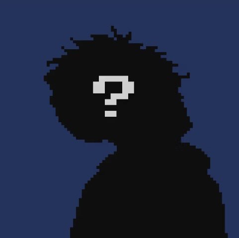 A pixelated black silhouette portrait on a dark navy background features a white blocky question mark in the center of the face area, with no other visible text or identifying details in the image itself. The post references minting an NFT from "@scriptkiddiesRH," suggesting this low-resolution stylized avatar is the NFT artwork in question.
