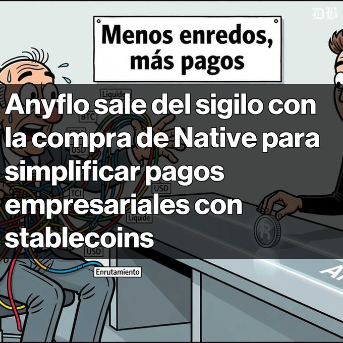 A Spanish-language illustration showing a sweating man tangled in cables and a calmer person, with a sign reading 'Menos enredos, más pagos' and overlay text stating 'Anyflo sale del sigilo con la compra de Native para simplificar pagos empresariales con stablecoins'.