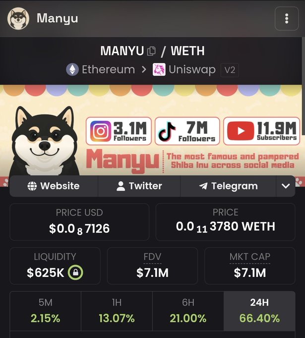 Cryptocurrency price page for MANYU/WETH on Uniswap V2, describing it as 'The most famous and pampered Shiba Inu across social media' with 3.1M Instagram, 7M TikTok, and 11.9M YouTube followers; priced at $0.06726 with $625K liquidity and a 66.40% 24H gain.