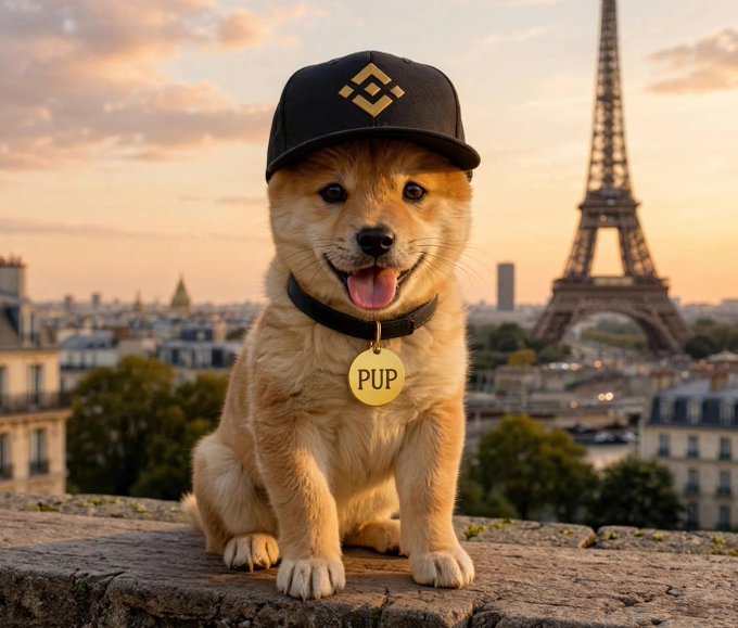 A golden puppy wearing a black cap featuring the BNB Chain logo and a collar with a tag reading "PUP" sits on a stone ledge with the Eiffel Tower and Paris skyline in the background at sunset. The image ties the post's "From BNB Chain to Paris" message by pairing the BNB-branded pup with the iconic French landmark, symbolizing a playful link between the crypto brand and the city.