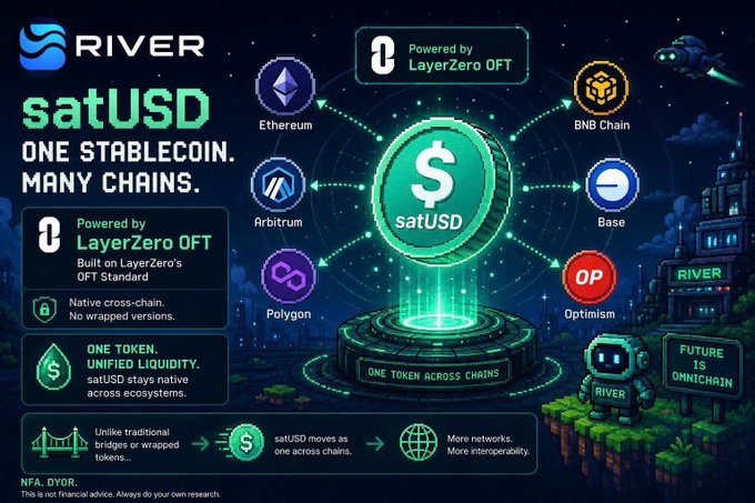 Promotional graphic for 'satUSD' stablecoin by RIVER, powered by LayerZero OFT, connecting multiple chains including Ethereum, Arbitrum, Polygon, BNB Chain, Base, and Optimism.