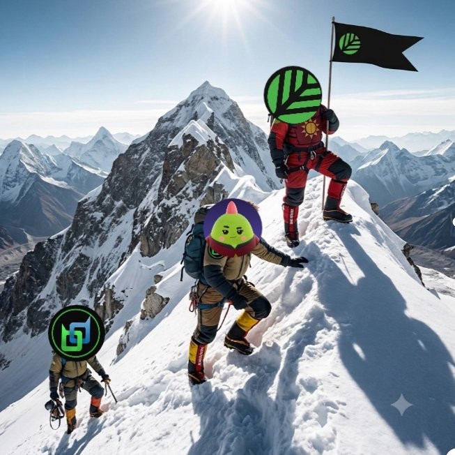 Three climbers ascend a snowy mountain peak, with the lead climber planting a black flag and others following behind, symbolizing achievement and reward—mirroring the post's celebration of winners and the trustworthy milestone of Canopy Network (CNPY) launching its potential airdrop.
