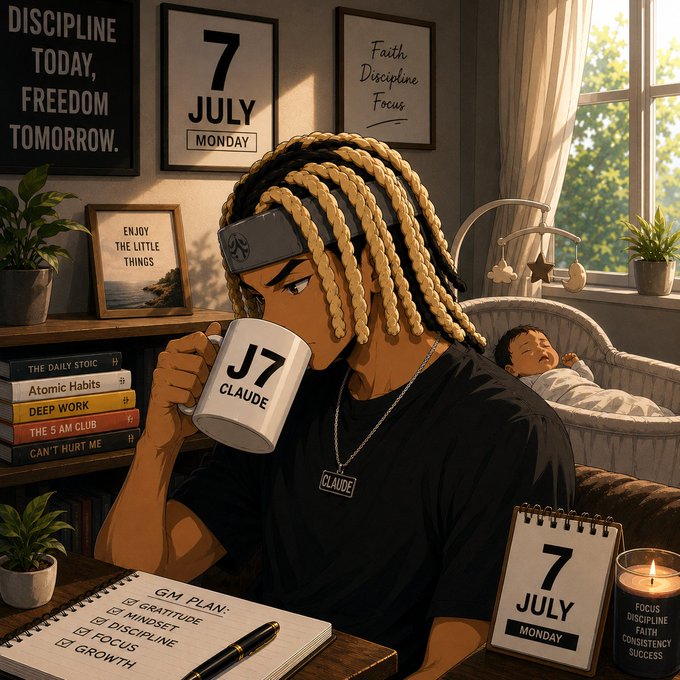 An anime-style illustration of a person with blonde dreadlocks and a headband drinking from a 'J7 CLAUDE' mug, with motivational posters (including '7 JULY MONDAY' and 'DISCIPLINE TODAY, FREEDOM TOMORROW') and books like 'Atomic Habits' and 'The Daily Stoic' visible, plus a 'GM PLAN' checklist.