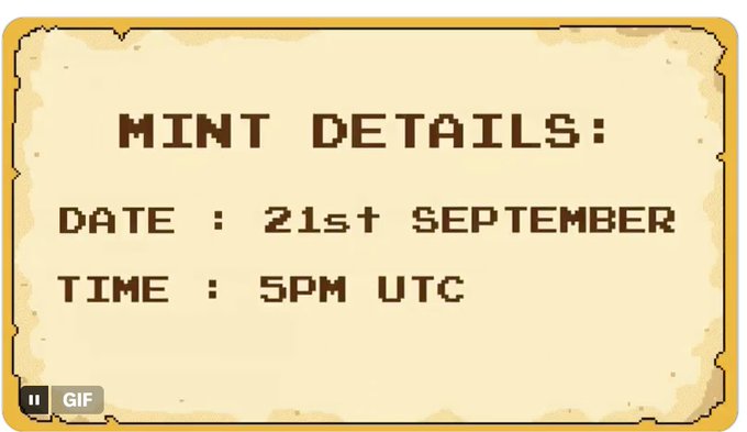 A pixel-art style graphic on a parchment-like background detailing "MINT DETAILS:" with the "DATE: 21st SEPTEMBER" and "TIME: 5PM UTC", marked with a GIF icon in the corner.