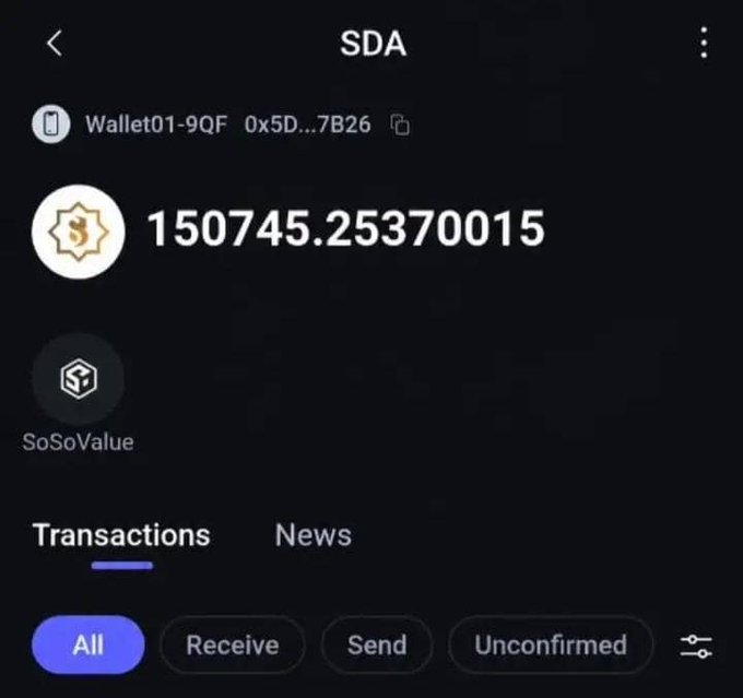 A cryptocurrency wallet interface displays an SDA token balance of 150745.25370015 for wallet "Wallet01-9QF 0x5D...7B26," with options to view All, Receive, Send, and Unconfirmed transactions—visually reinforcing the post's advice to hold and accumulate more SDA in anticipation of upcoming DEX and CEX listings.