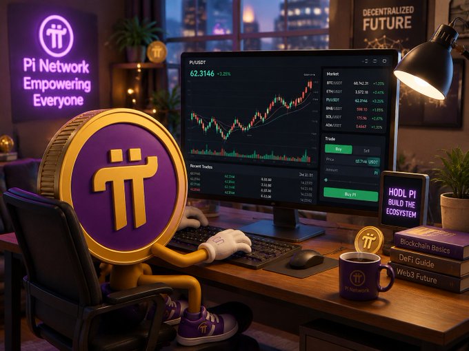 A 3D-rendered scene depicting a Pi Network coin mascot sitting at a desk with a computer monitor showing PI/USDT trading charts, surrounded by books titled 'Blockchain Basics,' 'DeFi Guide,' and 'Web3 Future,' with a 'HODL PI' sign.