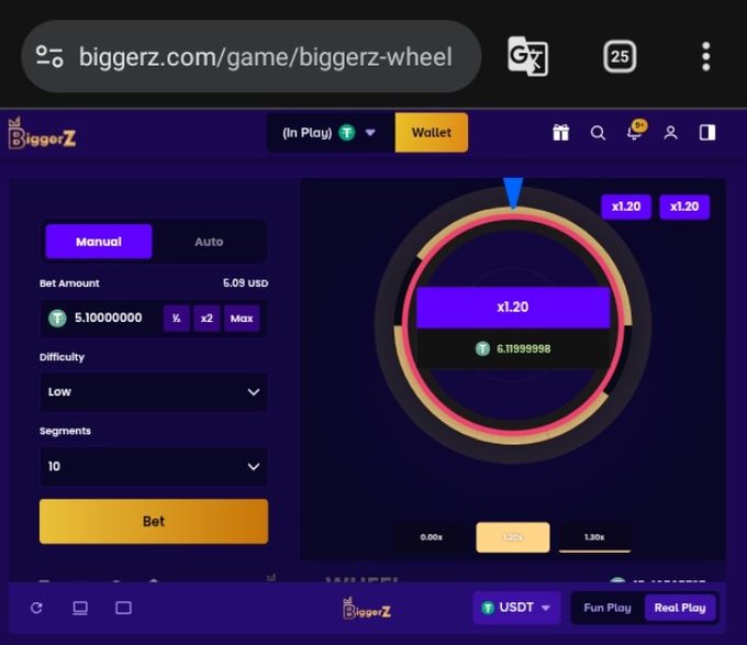 A screenshot of the biggerz.com/game/biggerz-wheel online casino betting interface, showing a wheel game with a 6.09 USD balance, bet amount of 5.10000000, and a result of x1.20.