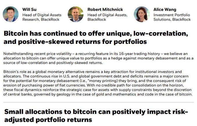 A screenshot from a BlackRock report authored by Will Su, Robert Mitchnick, and Alice Wang (Digital Assets team), highlighting the header "Bitcoin has continued to offer unique, low-correlation, and positive-skewed returns for portfolios" and emphasizing bitcoin's role as a hedge against monetary debasement. The image supports the post's claim by visually confirming BlackRock's continued recommendation of bitcoin amid rising U.S. debt concerns, low correlation to traditional assets, and favorable long-term return skew.