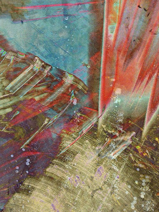 An abstract mixed-media painting featuring textured brushstrokes in teal, crimson red, olive green, and gold, with visible scratches, speckles, and layered marks that suggest a weathered or industrial aesthetic—evoking the kind of digital or generative art piece linked to the objkt.com Tezos NFT token URL.