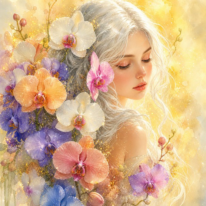 A fantasy-style digital illustration of a serene woman with long flowing white/silver hair and closed eyes, surrounded by colorful pastel orchids in pink, purple, white, and orange against a golden glowing background.