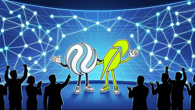 A cartoon graphic featuring two anthropomorphic characters—a white squiggly shape and a green arrow—wearing sneakers on a stage with a blue digital network background, cheered on by silhouetted audiences.