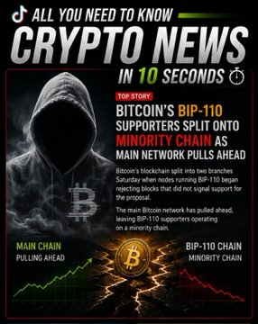 TikTok-style crypto news graphic titled 'CRYPTO NEWS IN 10 SECONDS' about Bitcoin's BIP-110 supporters splitting onto a minority chain as the main network pulls ahead.
