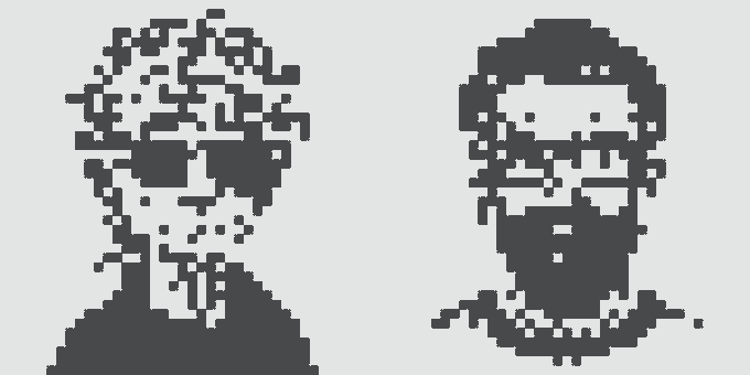 Two pixel art portraits side by side: a person with curly hair and sunglasses on the left, and a figure wearing a helmet or headset on the right.