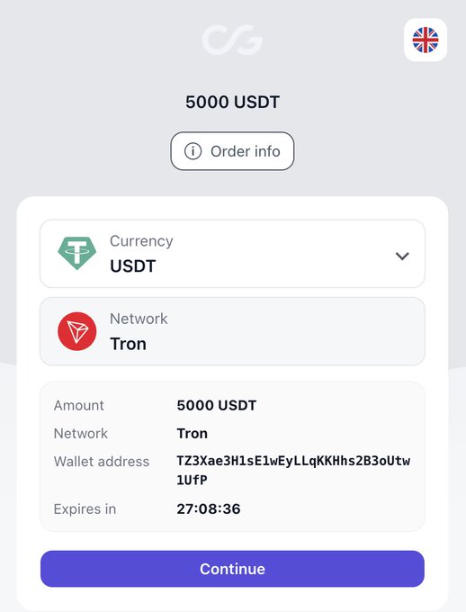 A cryptocurrency exchange interface showing an order for 5000 USDT on the Tron network, including wallet address (TZ3Xae3H1sE1wEyLLqKKHhs2B3oUtw1UfP) and an expiration timer of 27:08:36.