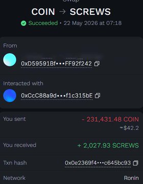 A screenshot of a phone screen showing an account's transaction history forCoinScrews with details such as when the transaction was sent (2 Weeks, +36000 #Dynocoin in #CraftWorld Easy profit), transfer amount, and the network address where the transaction occurred. The post on social media also provides a detailed guide to trading CoinScrews, offering advice on how to make money from this cryptocurrency.