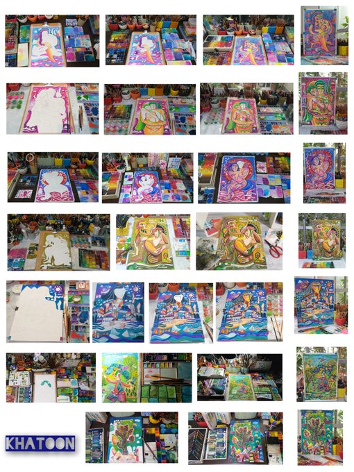 A grid collage of colorful paintings in progress depicting Hindu deities like Ganesha and Krishna, with the watermark 'KHATOON' in the bottom left corner.