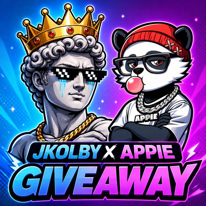 Vibrant giveaway graphic featuring a crowned statue bust wearing pixel sunglasses with crying blue tears, alongside a cool panda character in a red beanie, glasses, and an "APPIE" chain, with bold text reading "JKOLBY X APPIE GIVEAWAY" promoting a 2 SOL giveaway with 8 winners of 0.25 SOL each.