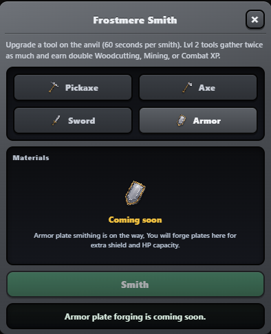 A Frostmere Smith in-game menu showing tool upgrade options (Pickaxe, Axe, Sword, Armor) with a 'Coming soon' message for armor plate smithing, and a 'Smith' button at the bottom.
