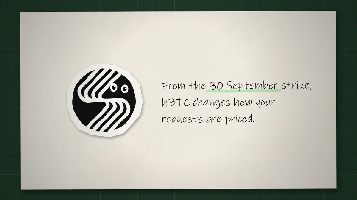 White card with a black spiral logo on a green grid background, displaying handwritten-style text: 'From the 30 September strike, hBTC changes how your requests are priced.'