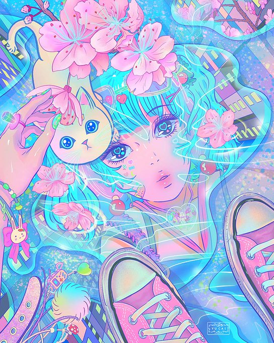 A vibrant, cyberpunk-style anime illustration featuring a girl with cyan hair holding a cat-shaped pastry, surrounded by cherry blossoms, lollipops, and pink sneakers, with a signature 'Seage 23' visible.