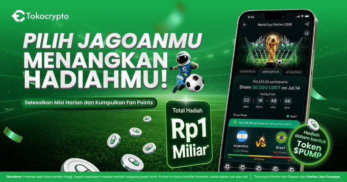 Tokocrypto advertisement 'Pilih Jagoanmu Menangkan Hadiahmu' promoting World Cup Pick'em 2026 with Rp1 Miliar in token prizes.