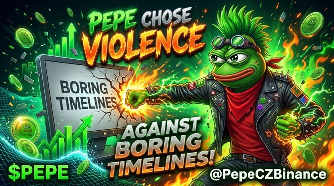 A vibrant promotional graphic featuring an animated Pepe the Frog character punching through a screen labeled 'BORING TIMELINES,' with the text 'PEPE CHOSE VIOLENCE AGAINST BORING TIMELINES!' and the handle @PepeCZinance.