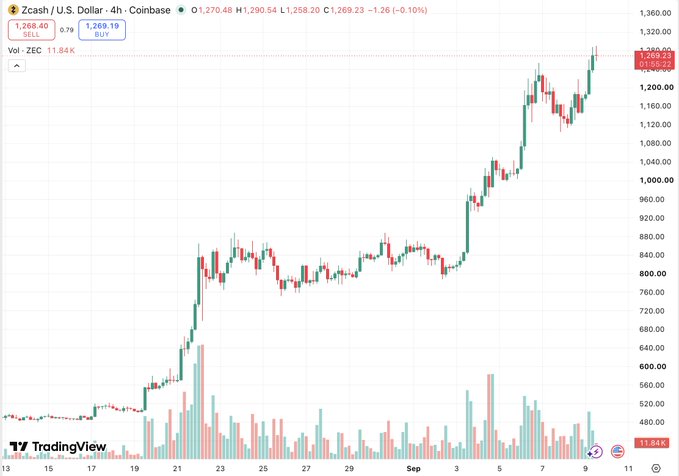 A TradingView candlestick chart of Zcash (ZEC/USD) on Coinbase showing significant price growth from around $480 to over $1,200.