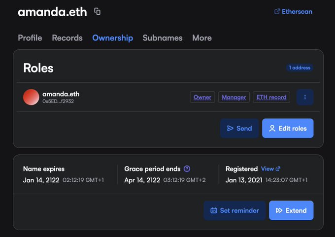 urnaeth's account dashboard displays a list of roles, including "OWNERSHIP", "OWNER", and "MANAGER" with their respective dates and descriptions.