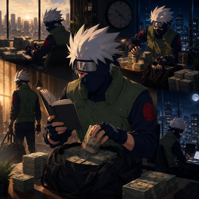 Anime-style digital art collage showing a Kakashi-like character with spiky white hair counting stacks of cash in a duffel bag, set in a high-rise office with city views.
