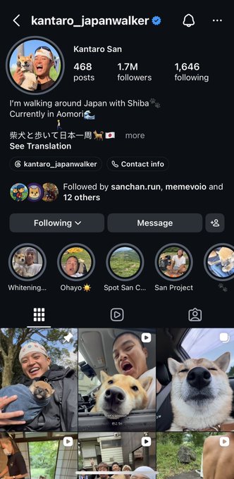 An Instagram profile screenshot for "kantaro_japanwalker" showing 1.7M followers and a bio reading "I'm walking around Japan with Shiba🐕 Currently in Aomori🐾," featuring photos of the creator with Shiba Inu dogs.
