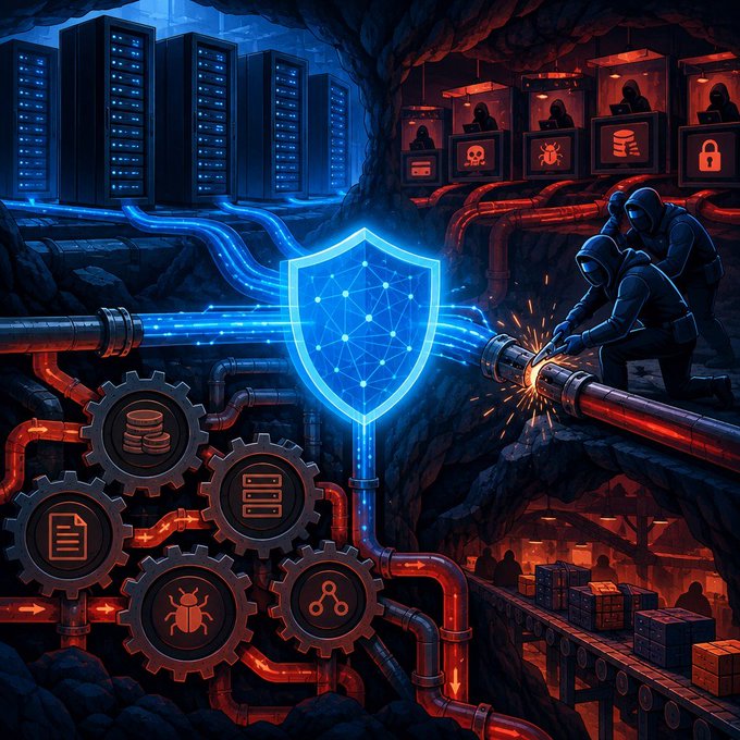 A digital illustration showing servers, pipes, gears, hooded figures, and a central blue shield, depicting cybersecurity and threat detection concepts.