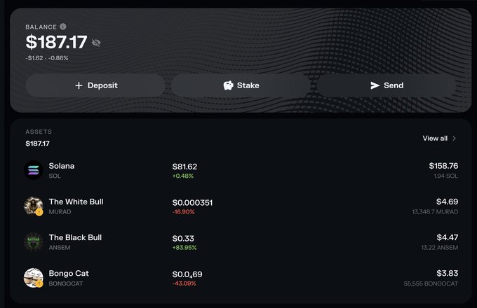 A crypto wallet dashboard shows a total balance of $187.17, down $1.62 (-0.86%), with assets including Solana ($81.62), The White Bull ($4.69), The Black Bull ($4.47), and Bongo Cat ($3.83). The image visually represents the post's reference to the wallet "absorbing energy," displaying the slightly decreased balance alongside deposit, stake, and send options.