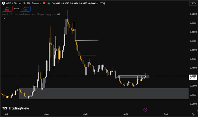 A TradingView daily candlestick chart of the $WLD/USDT pair on Binance, showing a peak near $0.70 in June followed by a downtrend to around $0.34, with key support zones highlighted around $0.25 and $0.33–$0.355. The image visually reinforces the post's message that $WLD's price has declined significantly from its highs, suggesting that its future success depends on fundamental ecosystem growth (TVL, new users, World ID adoption) rather than speculative price action.
