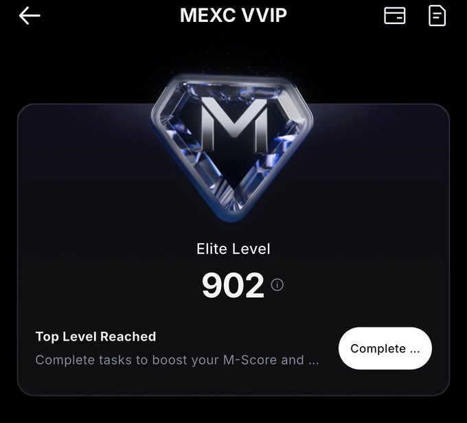 A digital interface for 'MEXC VVIP' showing an 'Elite Level' status with a large silver 'M' diamond emblem and a score of '902', noting 'Top Level Reached'.