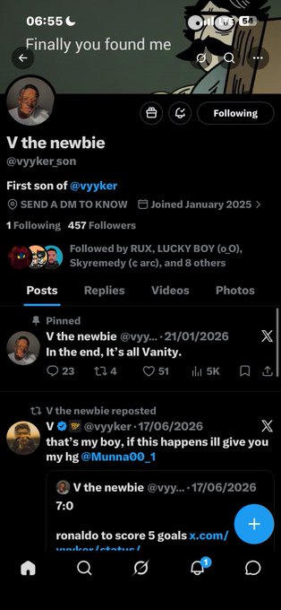Twitter/X profile page for 'V the newbie' (@vyyker_son), with a bio reading 'First son of @vyyker', joined January 2025, 457 followers, and pinned posts including 'In the end, It's all Vanity.' and a repost about Ronaldo.