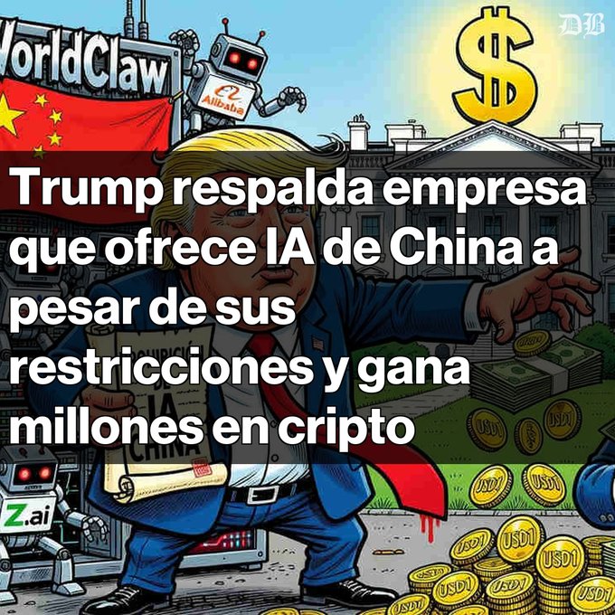 A political cartoon featuring Donald Trump standing between a Chinese flag with robots and the White House, with Spanish text 'Trump respalda empresa que ofrece IA de China a pesar de sus restricciones y gana millones en cripto' and piles of USDT crypto coins.