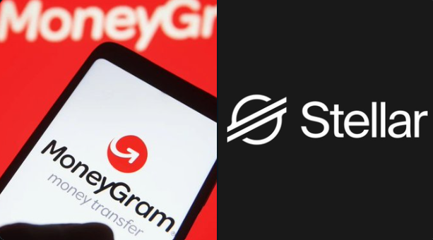 The image shows a comparison between MoneyGram's logo and the Stellar logo for their stablecoin, MGUSD. The MoneyGram logo is displayed prominently at the top of the image, while the Stellar logo is positioned below it on the right side. Both logos are in white against black backgrounds, making them stand out clearly. The text "MoneyGram" and "Stellar" can be seen next to their respective logos, indicating that MoneyGram has launched their own stablecoin, MGUSD, which is associated with Stellar.