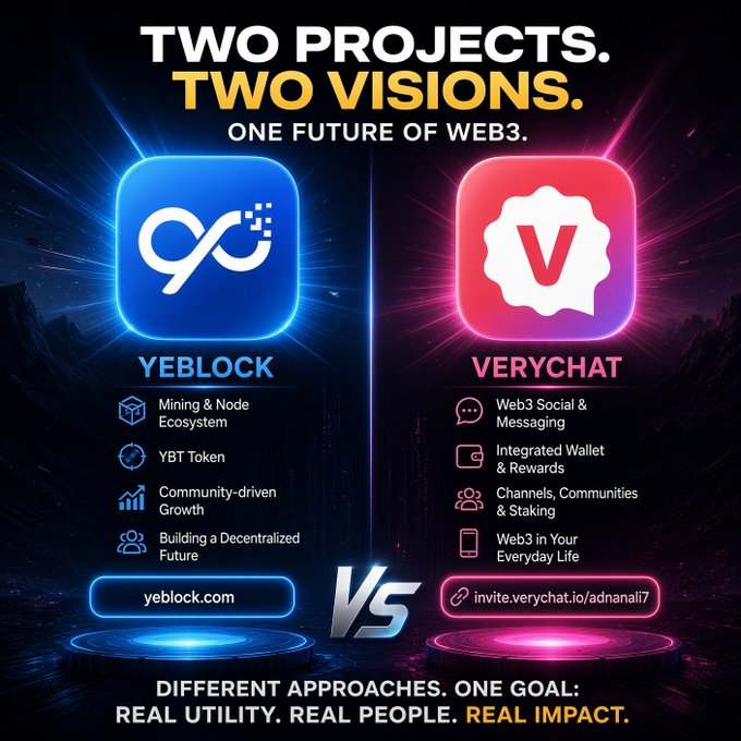 A promotional comparison graphic titled "TWO PROJECTS. TWO VISIONS. ONE FUTURE OF WEB3" pits YeBlock (YBT), a mining and node ecosystem focused on building a decentralized future, against VeryChat, a Web3 social and messaging platform with an integrated wallet and staking features, framed as "DIFFERENT APPROACHES. ONE GOAL: REAL UTILITY. REAL PEOPLE. REAL IMPACT."