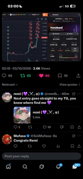 A smartphone screenshot shows a social media post with a 'Hooked' token ($HOOKED/SOL) chart and a comment from 'remi (@remibfeed)' saying 'Next entry goes straight to my TG, you know where find me 💜'.