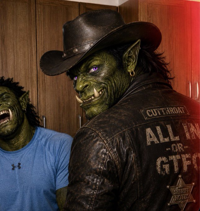 A green-skinned orc-like character wearing a black cowboy hat and a worn leather jacket with 'CUTTHROAT' and 'SHERIFF NOTUS' patches, standing next to another similar creature in a blue Under Armour shirt.