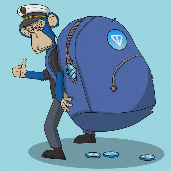 A cartoon illustration of a blue monkey/ape character wearing a sailor hat and carrying a large blue backpack with the TON (Telegram Open Network) logo, giving a thumbs up with TON coins on the ground.