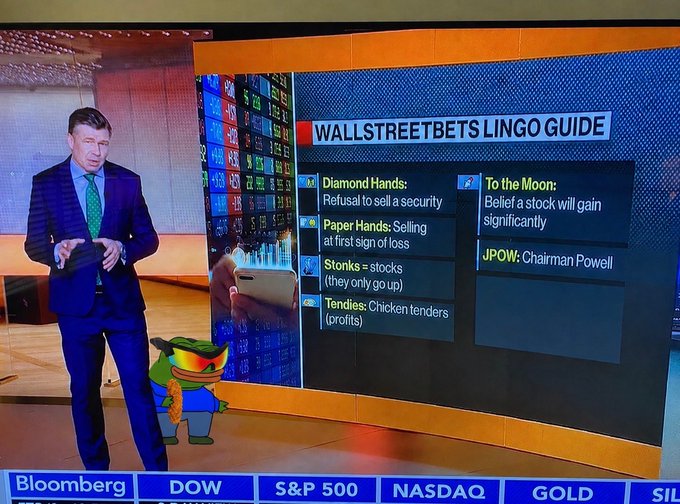 A Bloomberg news anchor presents a "WallStreetBets Lingo Guide" graphic, with the "Tendies = Chicken tenders (profits)" definition highlighted, accompanied by a Pepe frog mascot — illustrating the meme-driven slang, including the featured term "tendies," referenced in the post.