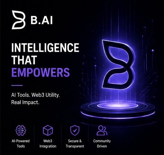 A promotional graphic for B.AI with the text 'INTELLIGENCE THAT EMPOWERS', featuring a glowing purple 'B' logo on a platform with icons for AI-Powered Tools, Web3 Integration, Secure & Transparent, and Community Driven.