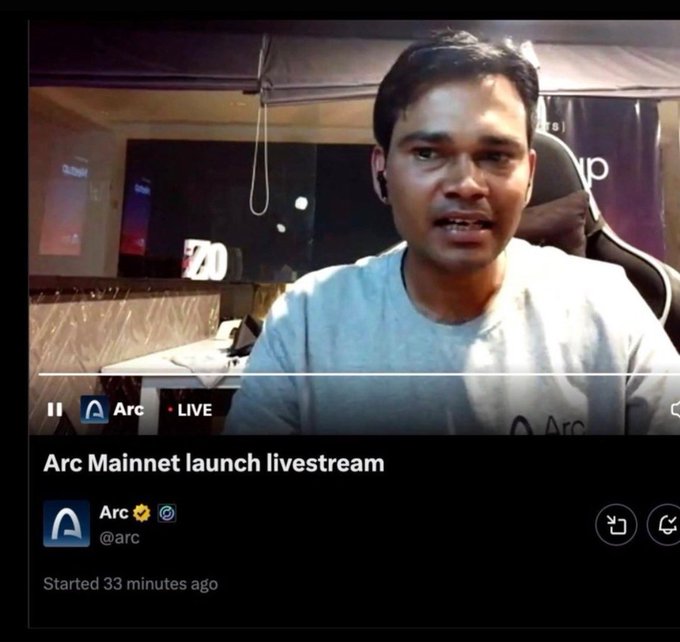 A screenshot of an X/Twitter livestream titled 'Arc Mainnet launch livestream' by verified account @arc, showing a man in a gray t-shirt speaking on camera with a LIVE indicator.