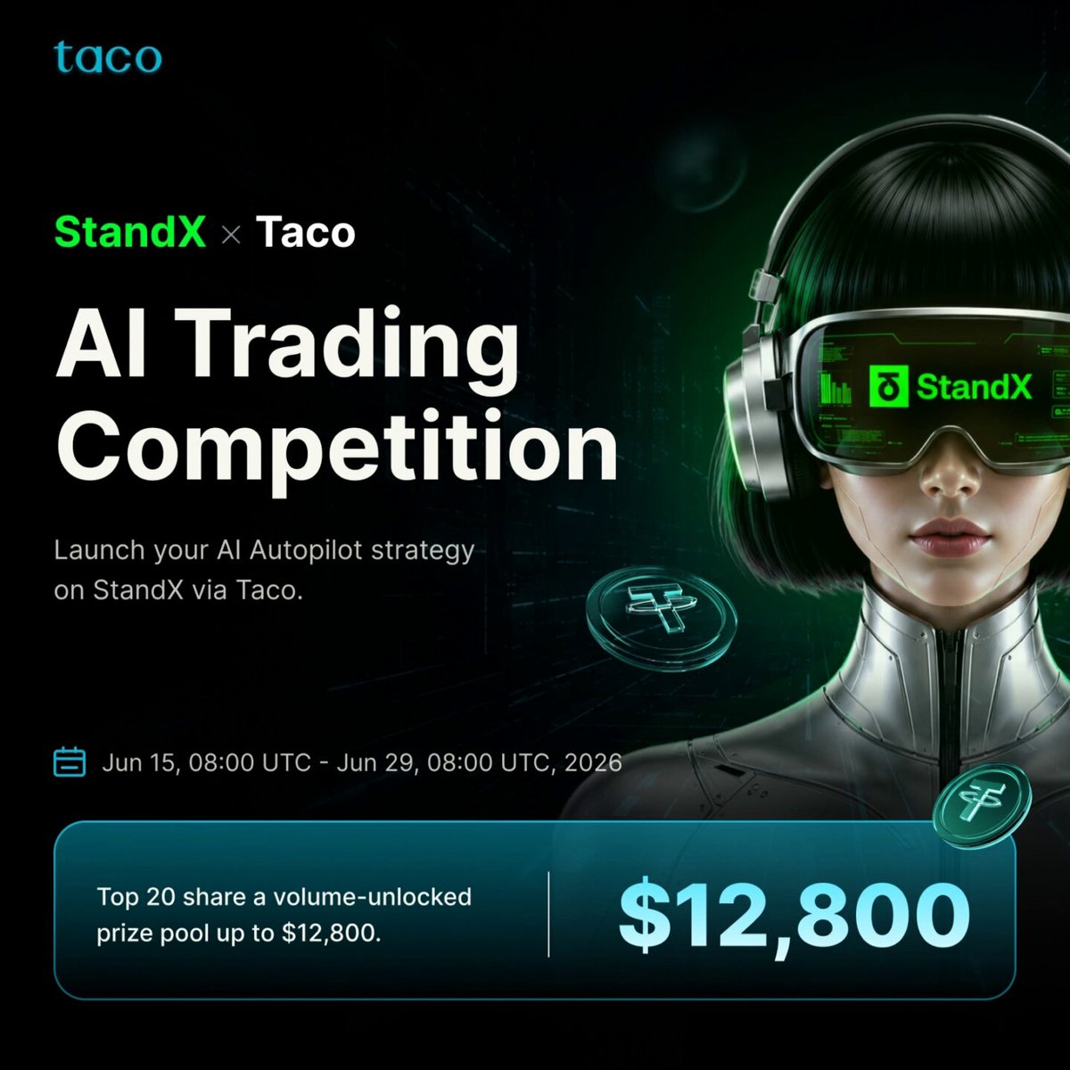 The main focus of this image is an advertisement for StandX AI Trading Competition. The girl depicted in the image is wearing a virtual reality headset, which is likely used as part of the competition's immersive experience. She is standing in front of a computer screen displaying a detailed breakdown of her trading volume, indicating that she has been actively participating in the competition and generating results. The image also includes information about the competition schedule, including details on how to keep track of the competition's progress and what the key update today is: "Quant Trader' s trading volume is now included in the cumulative trading volume calculation", which highlights a significant improvement in the competition's efficiency for all participants involved.