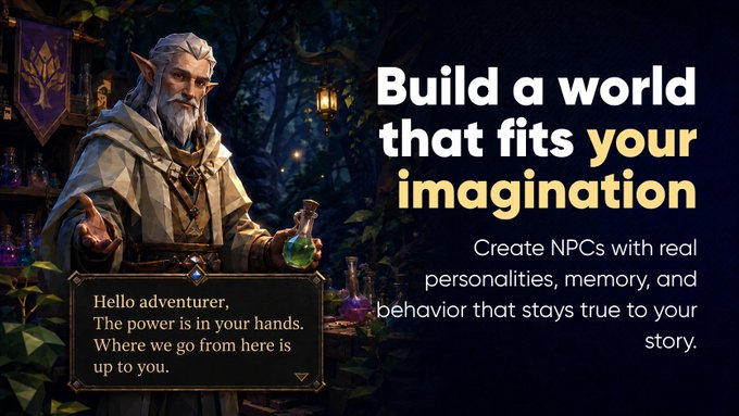 Video game promotional image showing an elven NPC with a dialogue box reading 'Hello adventurer, The power is in your hands. Where we go from here is up to you.' with tagline 'Build a world that fits your imagination - Create NPCs with real personalities, memory, and behavior that stays true to your story.'