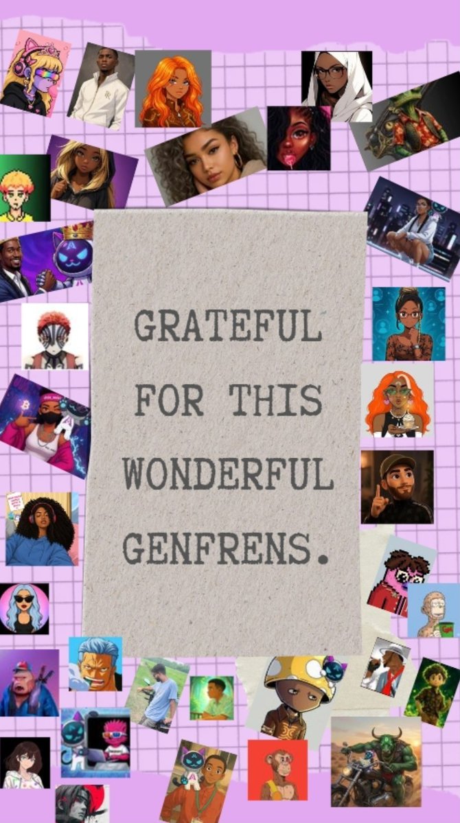 A pink collage background featuring various cartoon character portraits surrounding a central textured card with the text 'GRATEFUL FOR THIS WONDERFUL GENFRENS.'