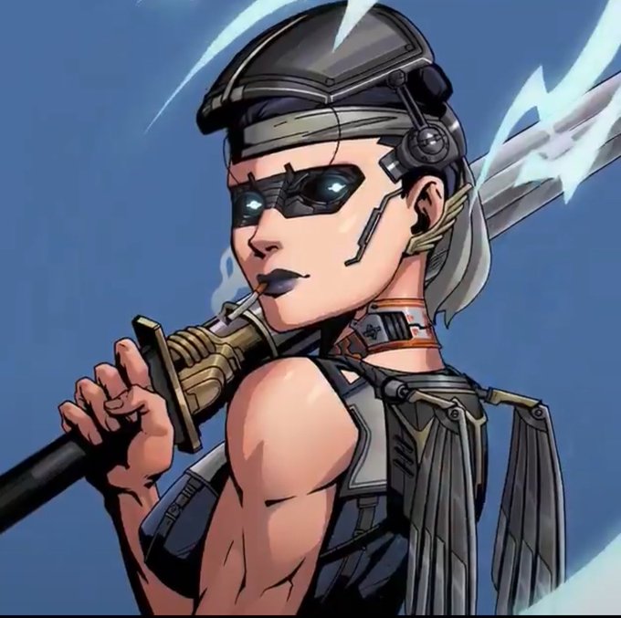 A digital illustration of a futuristic cyborg female warrior with a metallic helmet, glowing blue eyes, and dark lipstick, holding a sword over her shoulder.