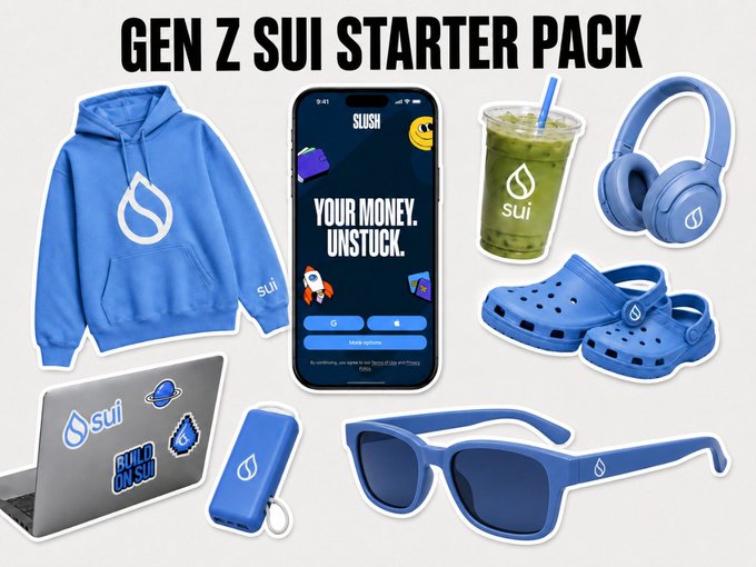 A 'GEN Z SUI STARTER PACK' meme displaying various blue Sui-branded merchandise including a hoodie, sunglasses, headphones, crocs, an iced matcha drink, a laptop with stickers, a power bank, and a phone showing the Sui wallet app with 'YOUR MONEY. UNSTUCK.'